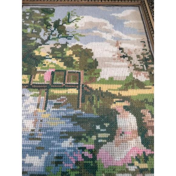 Vintage Framed Needlepoint Landscape Cottage Scene Ornate Wood Frame 10x12.5 - Picture 9 of 9